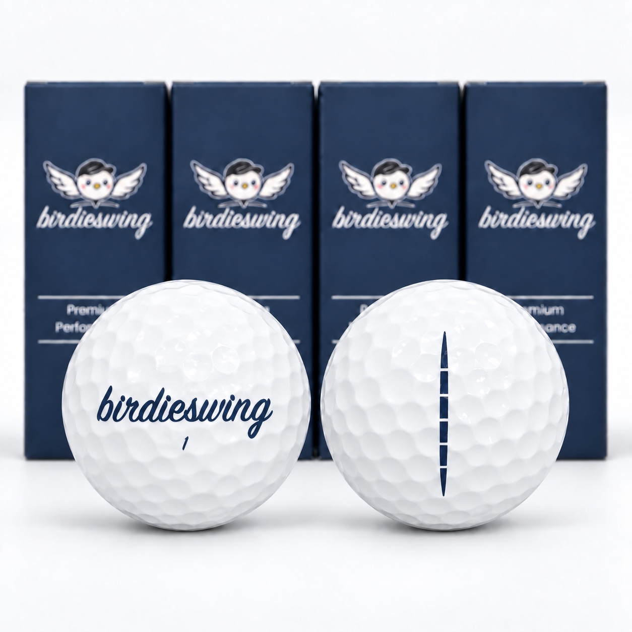 Birdieswing Distance logo and alignment-mark golf balls displayed with four three-ball sleeves