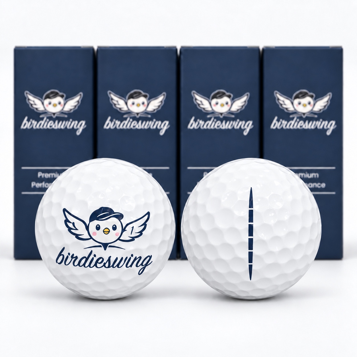 Birdieswing Soft logo and alignment-mark golf balls displayed with four sleeves